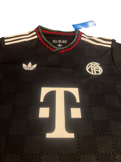 rm memorabilia FC Bayern Munich Michael Olise black football jersey with checkered pattern and white detailing