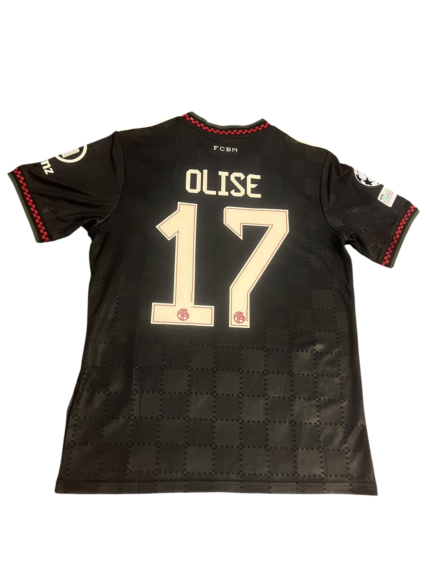 rm memorabilia FC Bayern Munich Michael Olise 17 black football jersey with checkered pattern and white lettering