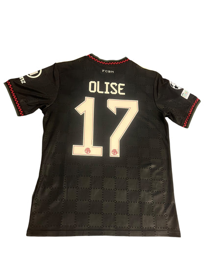 rm memorabilia FC Bayern Munich Michael Olise 17 black football jersey with checkered pattern and white lettering