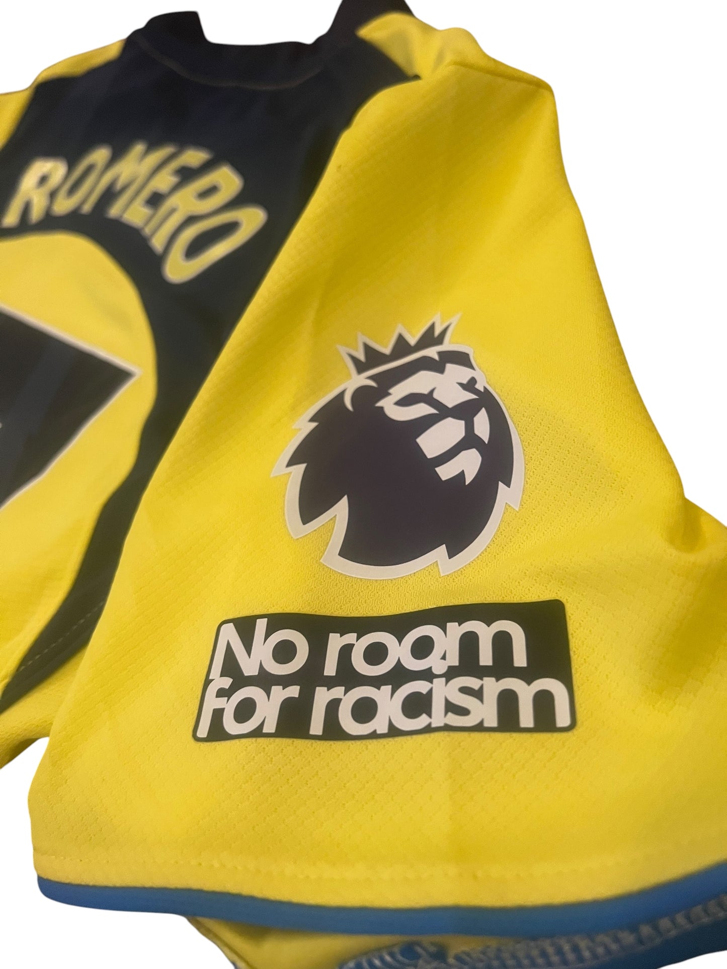 rm memorabilia yellow Tottenham Hotspur Romero away football shirt with Premier League and No Room For Racism patches
